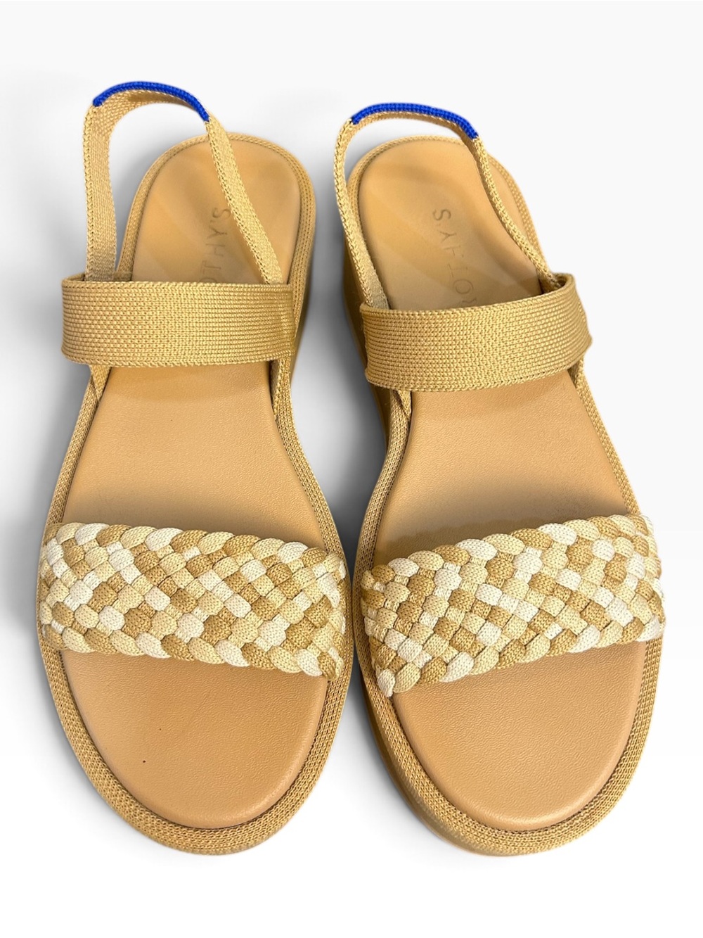 Rothy's Tan Braided Strap Slingback Sandals with Blue Heel Tab